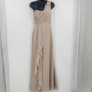 DAVID'S BRIDAL champagne one shoulder maxi dress